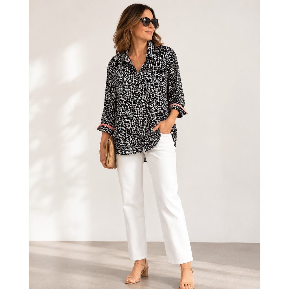 Orvis Womens 16 Black‎ White Geo 3/4 Slv Shirt Cotton Wrinkle Resistant Coastal